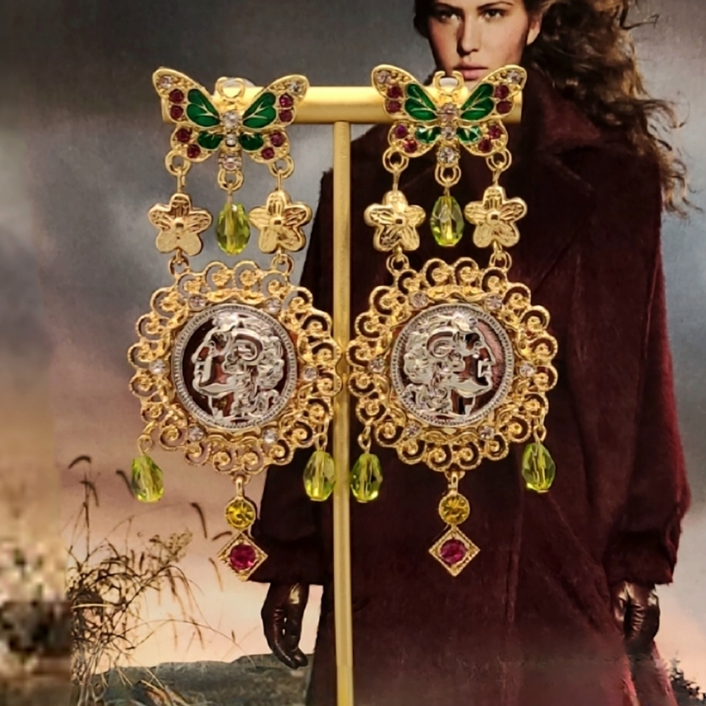 Vintage Art Nouveau Baroque Butterfly Coin Crystal Gold Chandelier Earrings